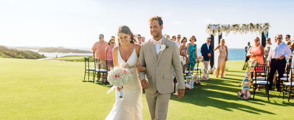 Destination wedding guests traveling together at a Caribbean resort